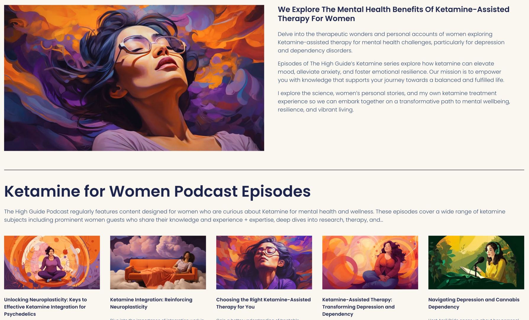 screenshot of the High Guide podcast website showing images generated using AI for Ketamine podcast episodes