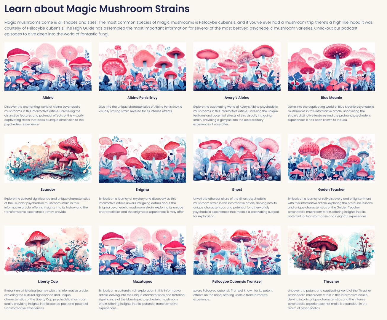 screenshot of the High Guide podcast website showing images generated using AI for Shroom podcast episodes