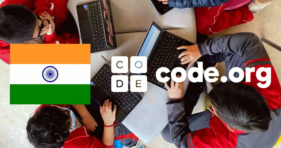 A GIF showing a bunch of flags of countries over the code.org logo and some children at laptops learning computer science
